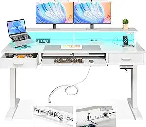 Electric Standing Desk with Drawers Keyboard Tray Power Outlets LED Lights