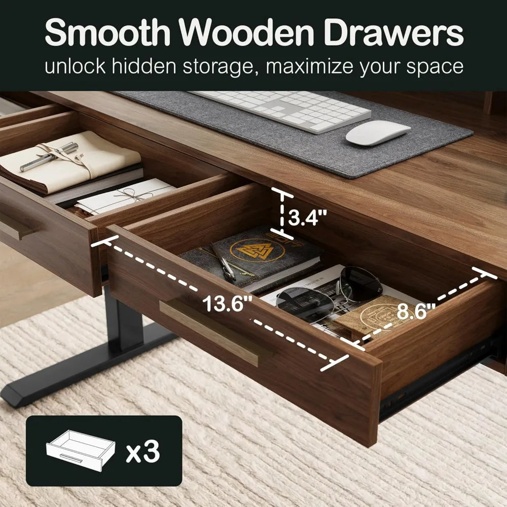 Height Adjustable Standing Desk with 3 Drawers and Monitor Shelf