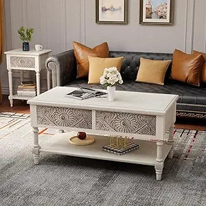 Coffee Table with 2 Storage Drawers Vintage Farmhouse Wood Center Table