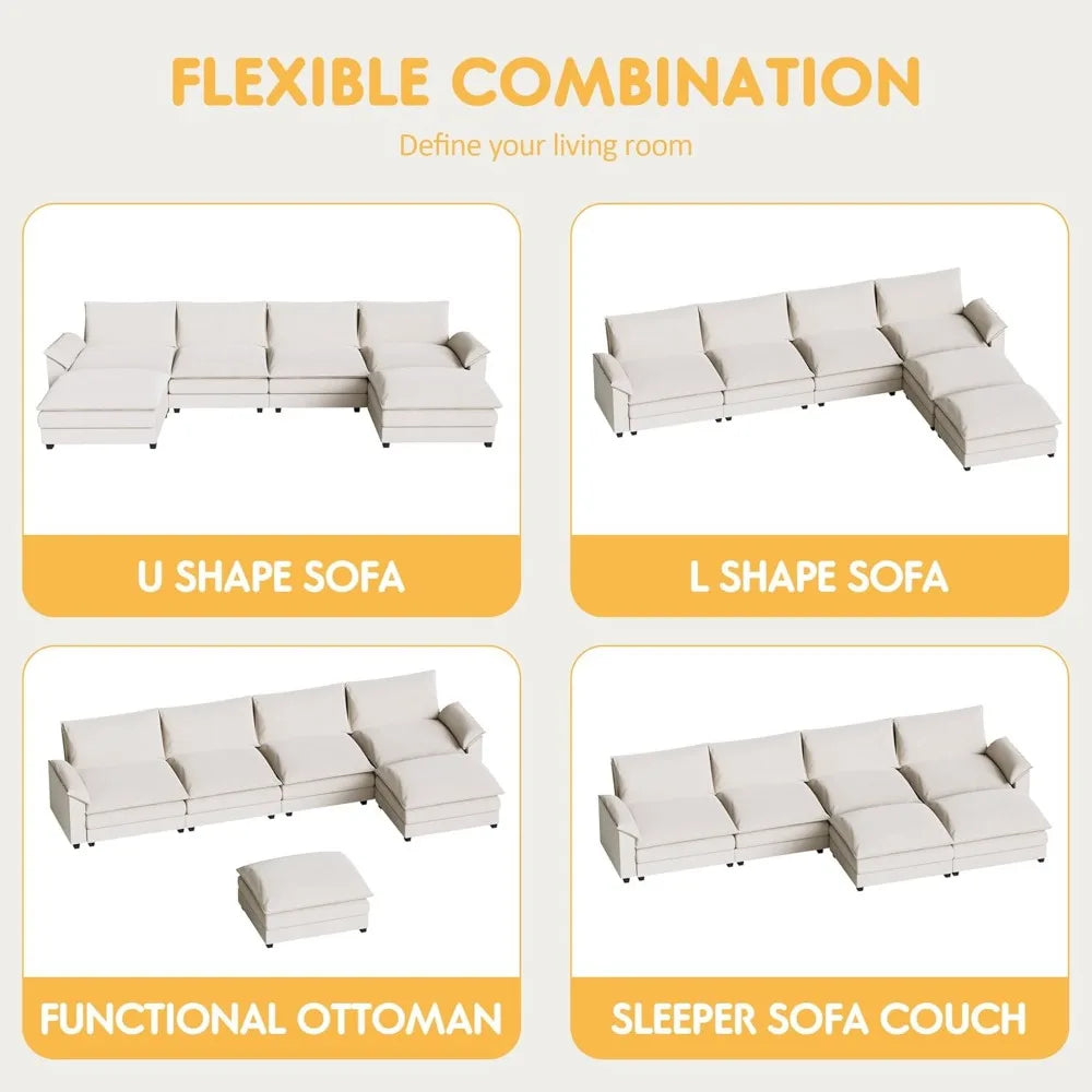 Ljustra U Shaped Modular Sectional Sofa 159" Chenille 4-Seat Reversible Ottoman