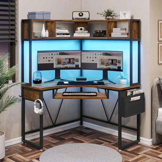 Ljustra Corner Desk Small Computer Desk with Hutch LED Lights