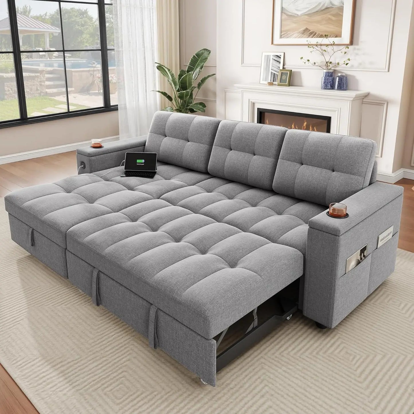 Modern L-Shaped Sleeper Sofa Bed w/ Pull Out, USB Ports, Storage Chaise, Reversible Couch