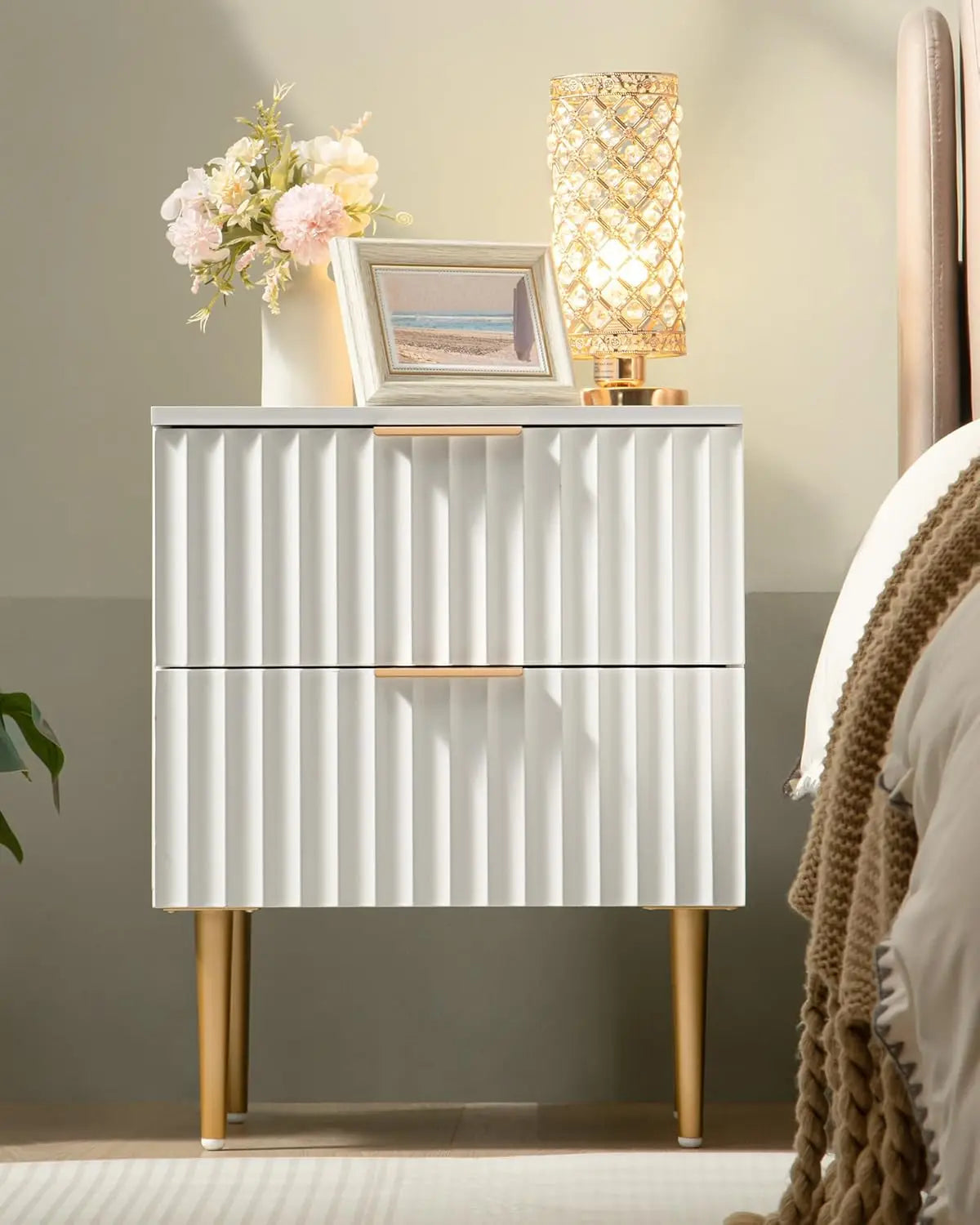 Modern Fluted Night Stand Set 2 Storage Bedside Table with Drawers