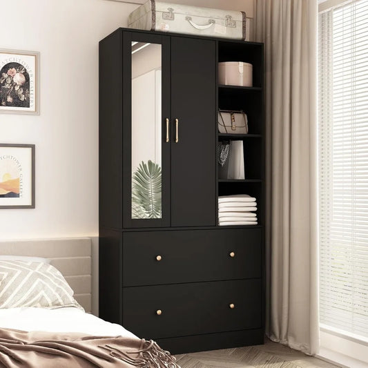 Wardrobe Armoire Closet with Mirror and Drawers Extendable Rod