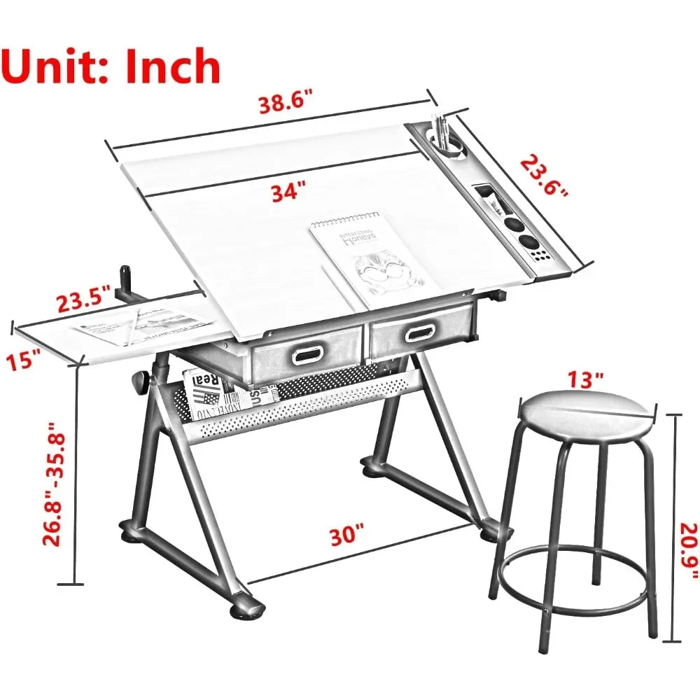 Adjustable Drafting Table Multi-Functional Drawing Desk with Stool