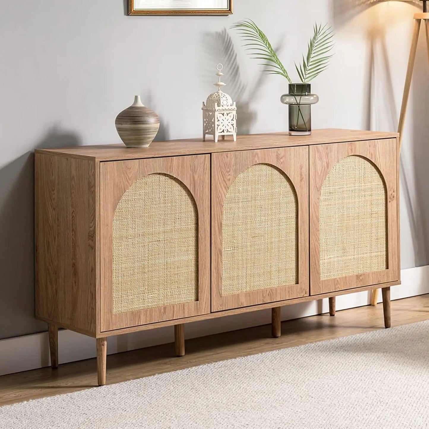 Sideboard Buffet Cabinet with Rattan Doors and Metal Legs for Storage