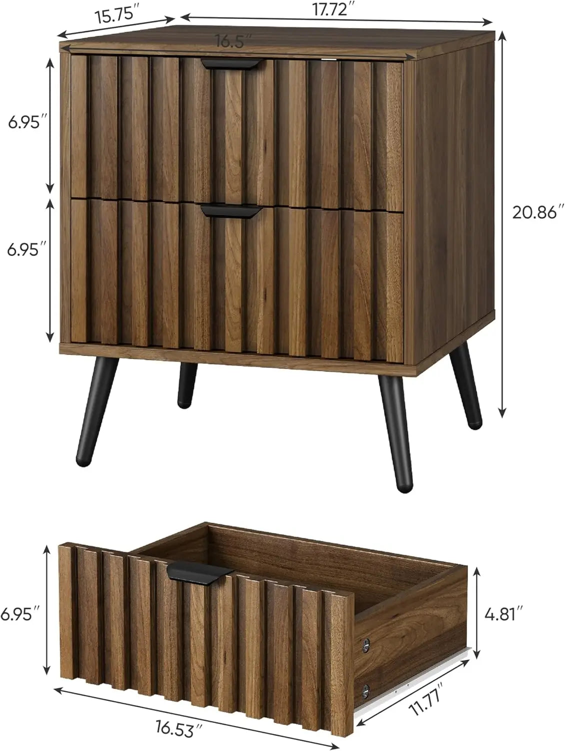 Walnut Mid Century Nightstand with 2 Drawers Modern Bedside Table