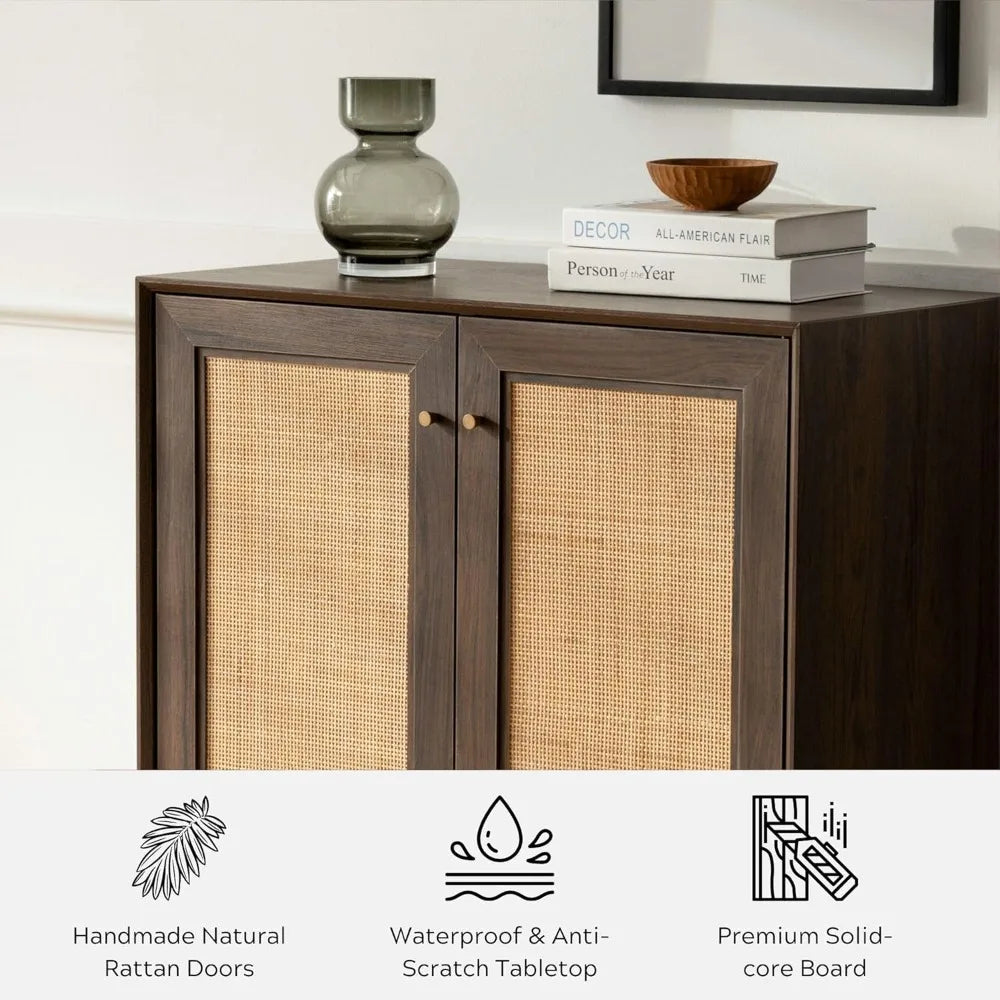 Natural Rattan Cabinet Sideboard Set of 2 Boho Buffet Storage