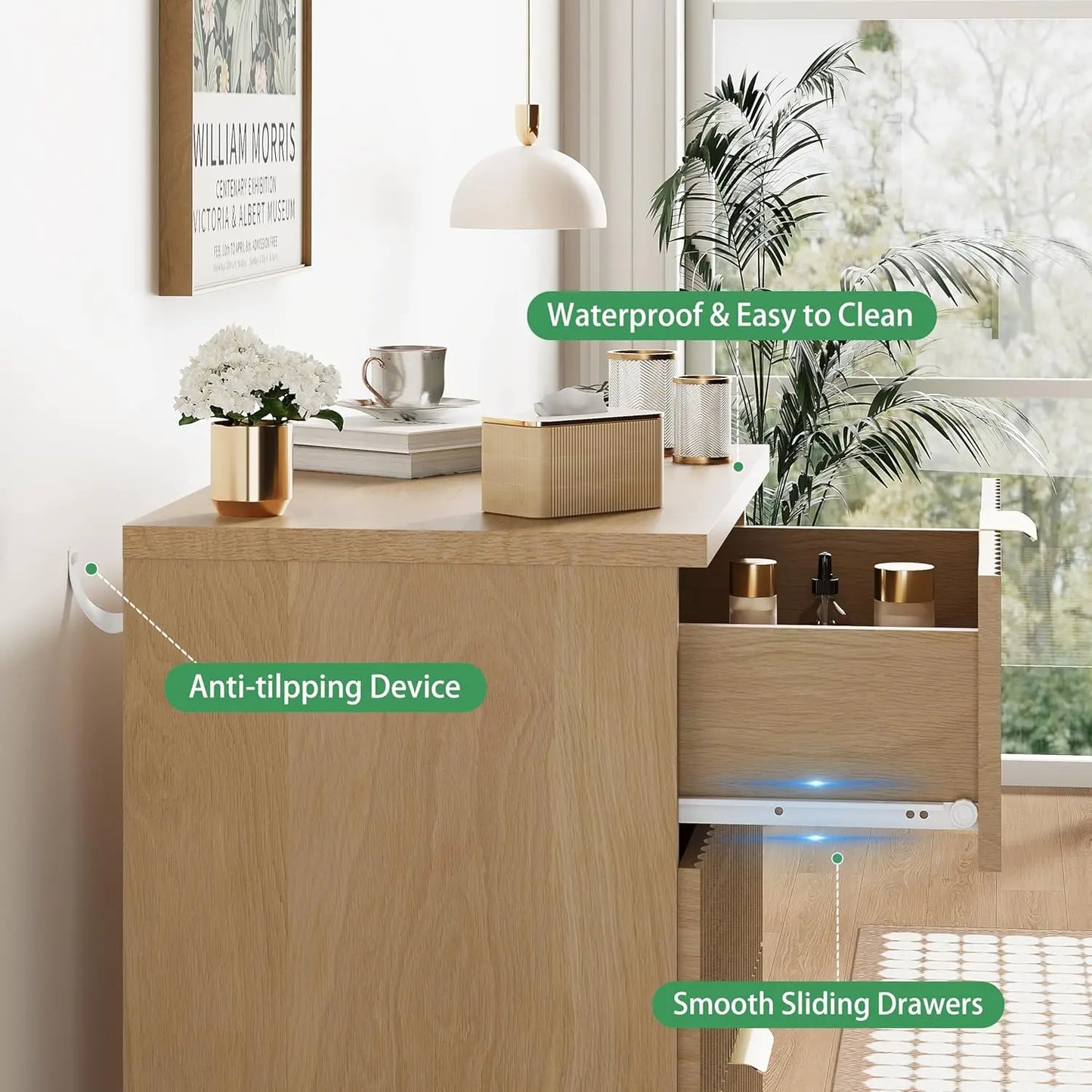 Fluted Nightstand 24 Inch Wide Side Table with 3 Storage Drawers