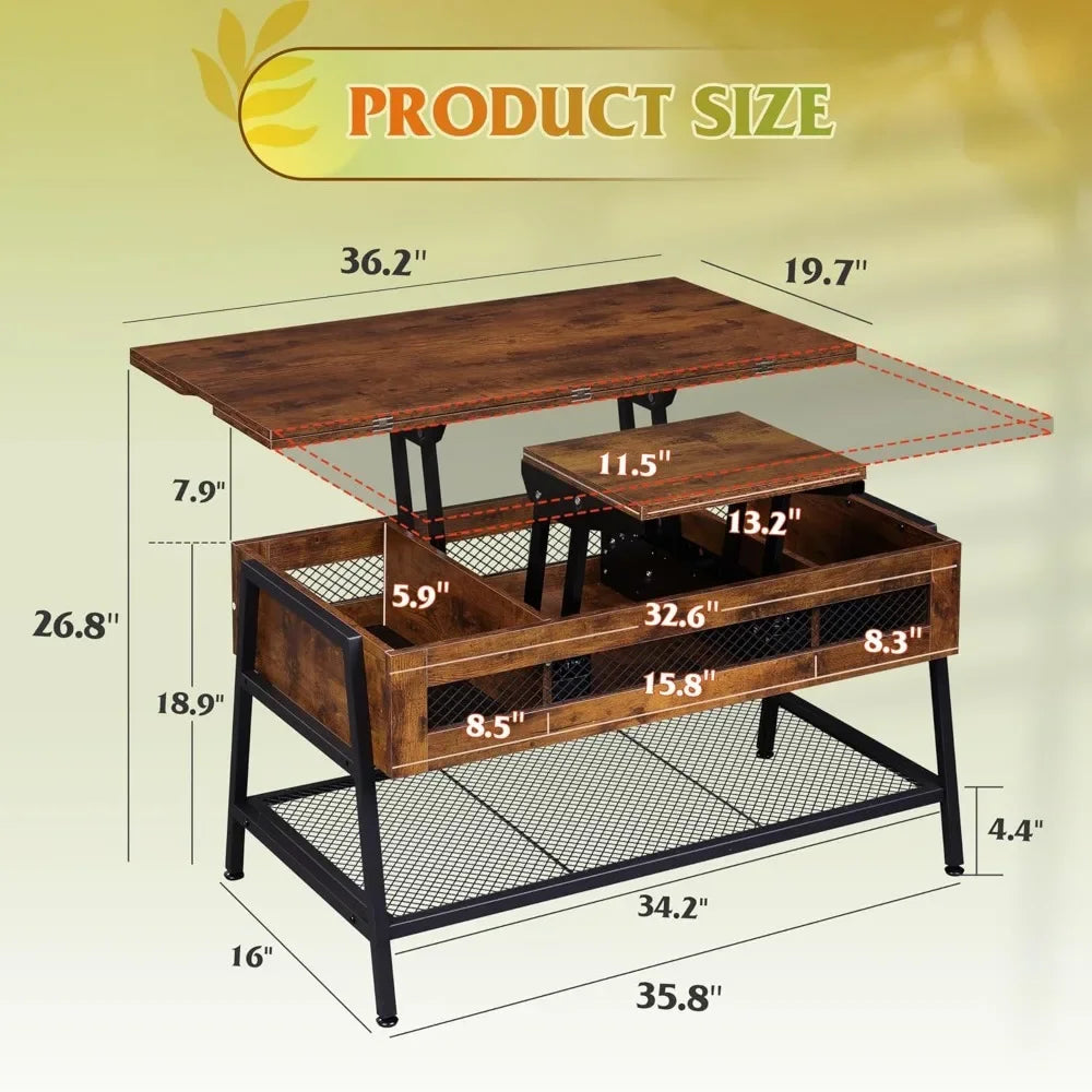 Rustic Brown 3-in-1 Lift Top Coffee Table Multi-Function Dining Table