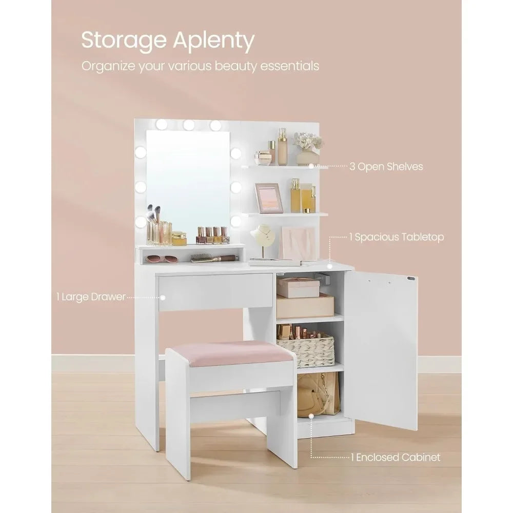 Ljustra Makeup Vanity Desk with Mirror LED Lights and Upholstered Stool