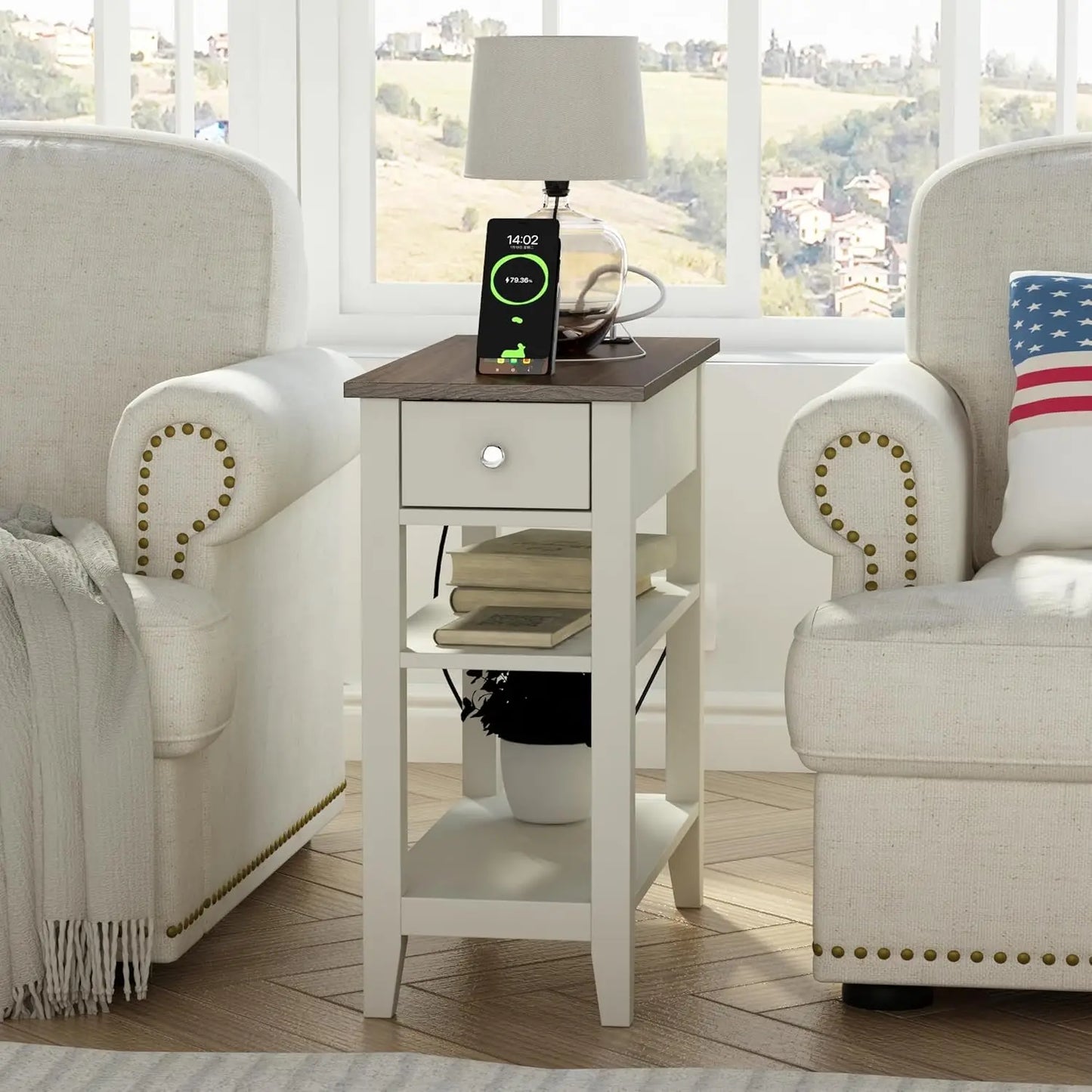 Farmhouse End Table Set of 2 Narrow Sofa Side Table with Charging Station
