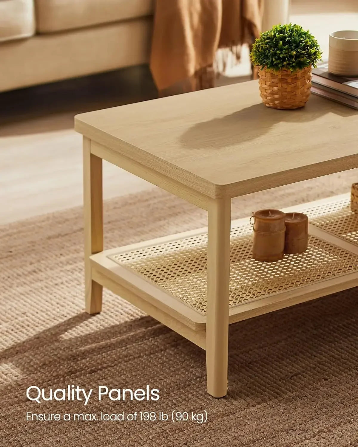 2-Tier Rounded Corners Coffee Table with PVC Rattan Shelf for Living Room