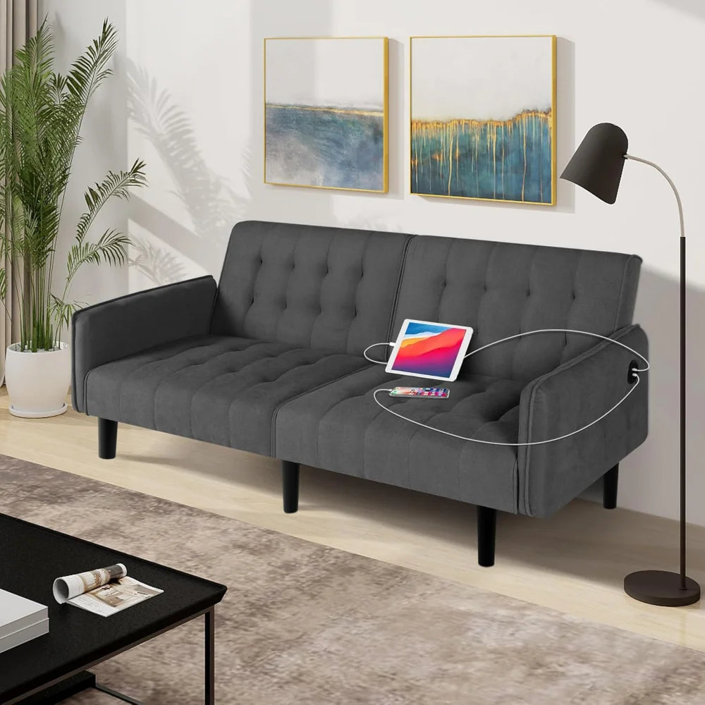 65 Inch Convertible Futon Sofa Bed with USB Small Adjustable Couch