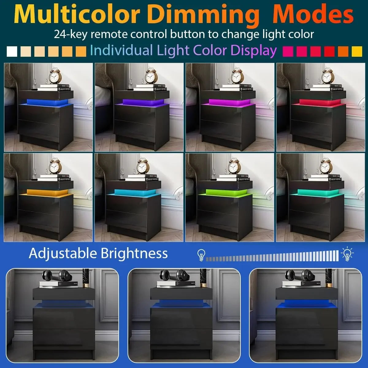 LED Nightstand Modern Night Stand with 2 Drawers and Smart Lighting