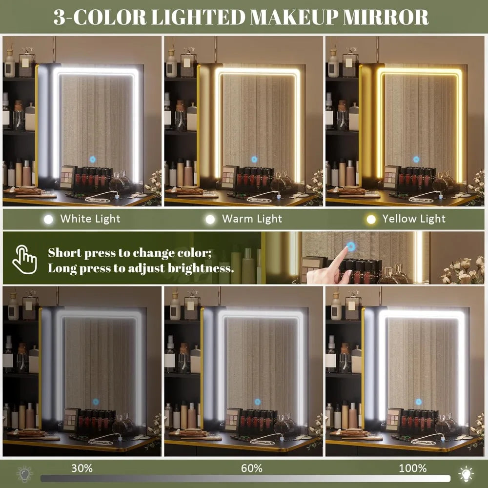 Ljustra Vanity Desk with Mirror Lights Charging Station 5 Drawers Shelves
