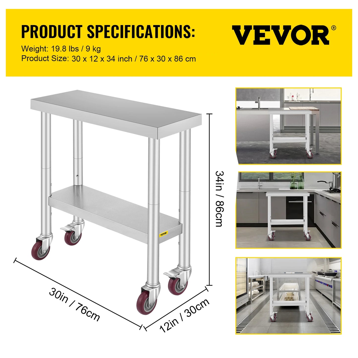 VEVOR Stainless Steel Kitchen Worktable with Caster Wheels for Storage