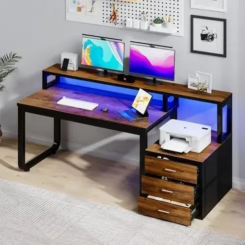 67 Inch Computer Desk with LED Lights and Drawer for Home Office