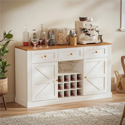 Farmhouse Wine Bar Cabinet with Wine Rack and Glass Holder 54 Inches