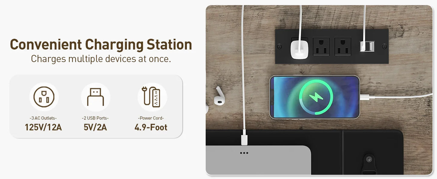 58 Inch Farmhouse Wooden Desk with Power Outlets and LED Light