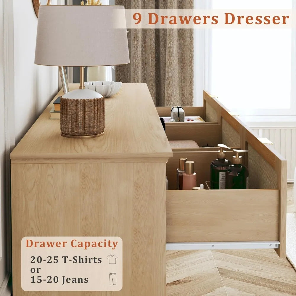9 Drawer Dresser Rattan Chest of Drawers Large TV Stand Boho Style