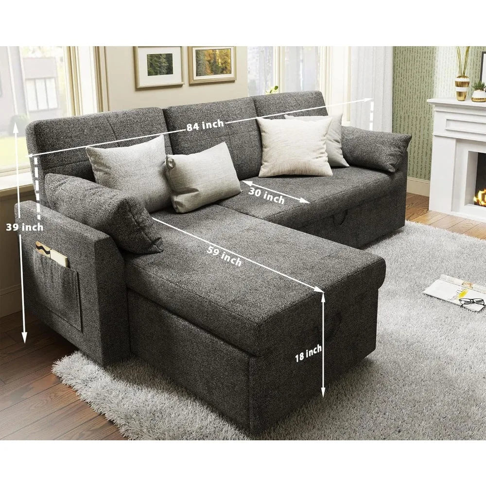 L-Shaped Sleeper Sofa Bed w/ Pull-Out & Storage Chaise – Chenille Fabric, Convertible Couch, Grey