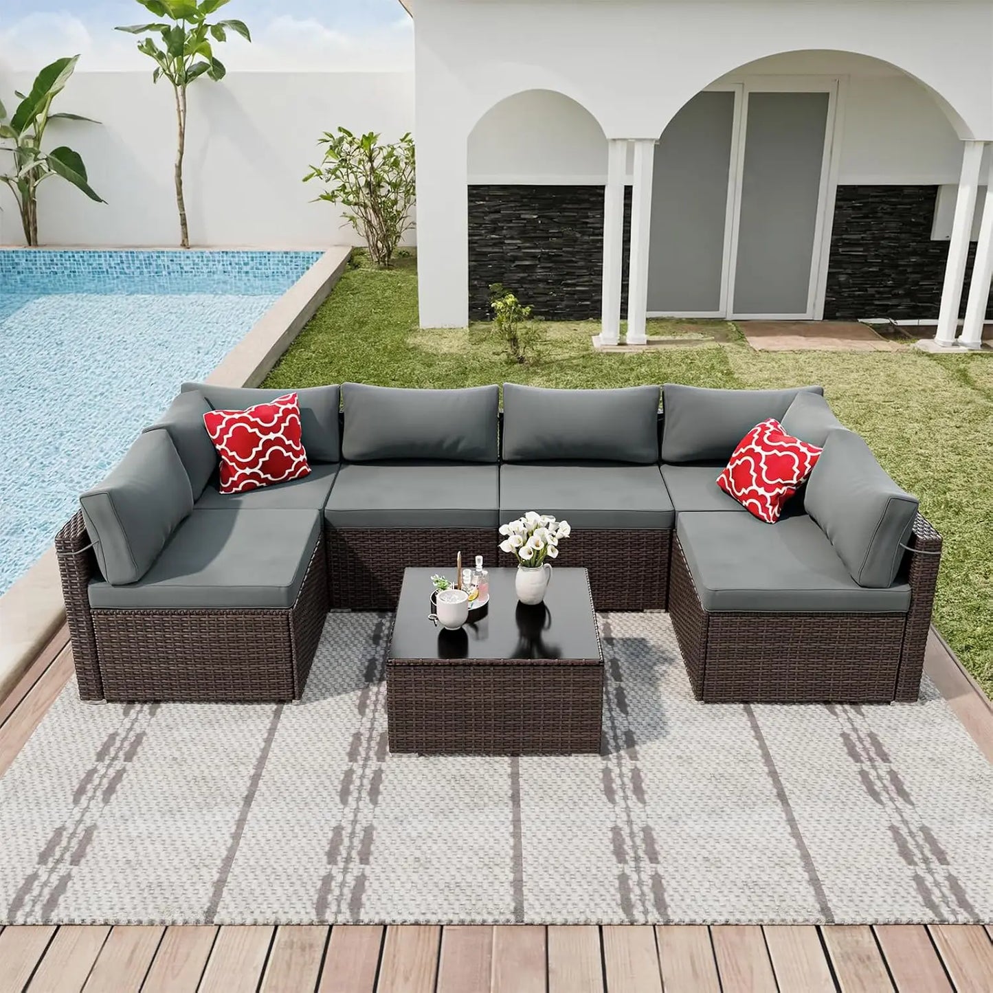 7-Piece Patio Set Sectional Sofa All-Weather PE Rattan Wicker Furniture