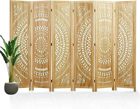 66.9Inch Folding Room Divider 6 Panels Wood Carved Privacy Screen