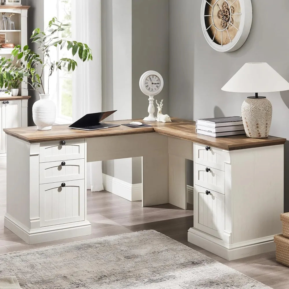 Ljustra Farmhouse L-Shaped Desk with Drawers and Charging Station