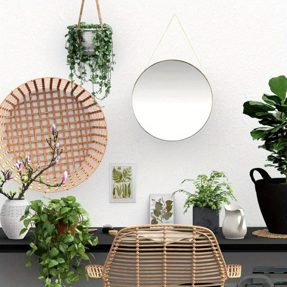 Gold Modern Round Wall Mirror with Detachable Chain for Home Decor