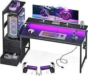 59 Inch Gaming Desk with USB Ports LED Light Reversible Storage Shelves