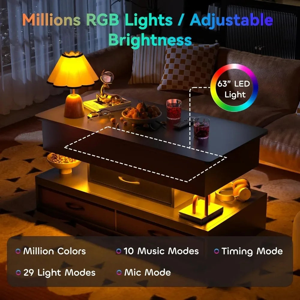 40 Inch Lift Top Coffee Table with Storage Drawers LED Modern Furniture