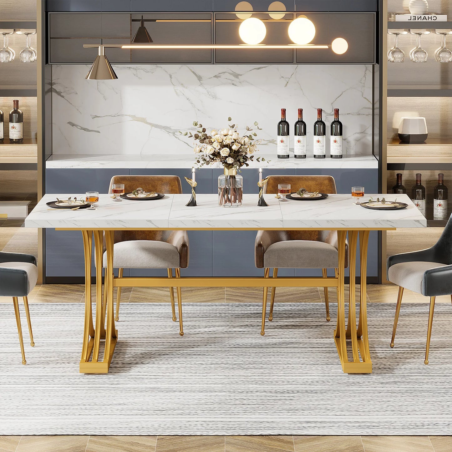 Ljustra 63 Inch Dining Table Rectangular Kitchen Faux Marble Modern Design