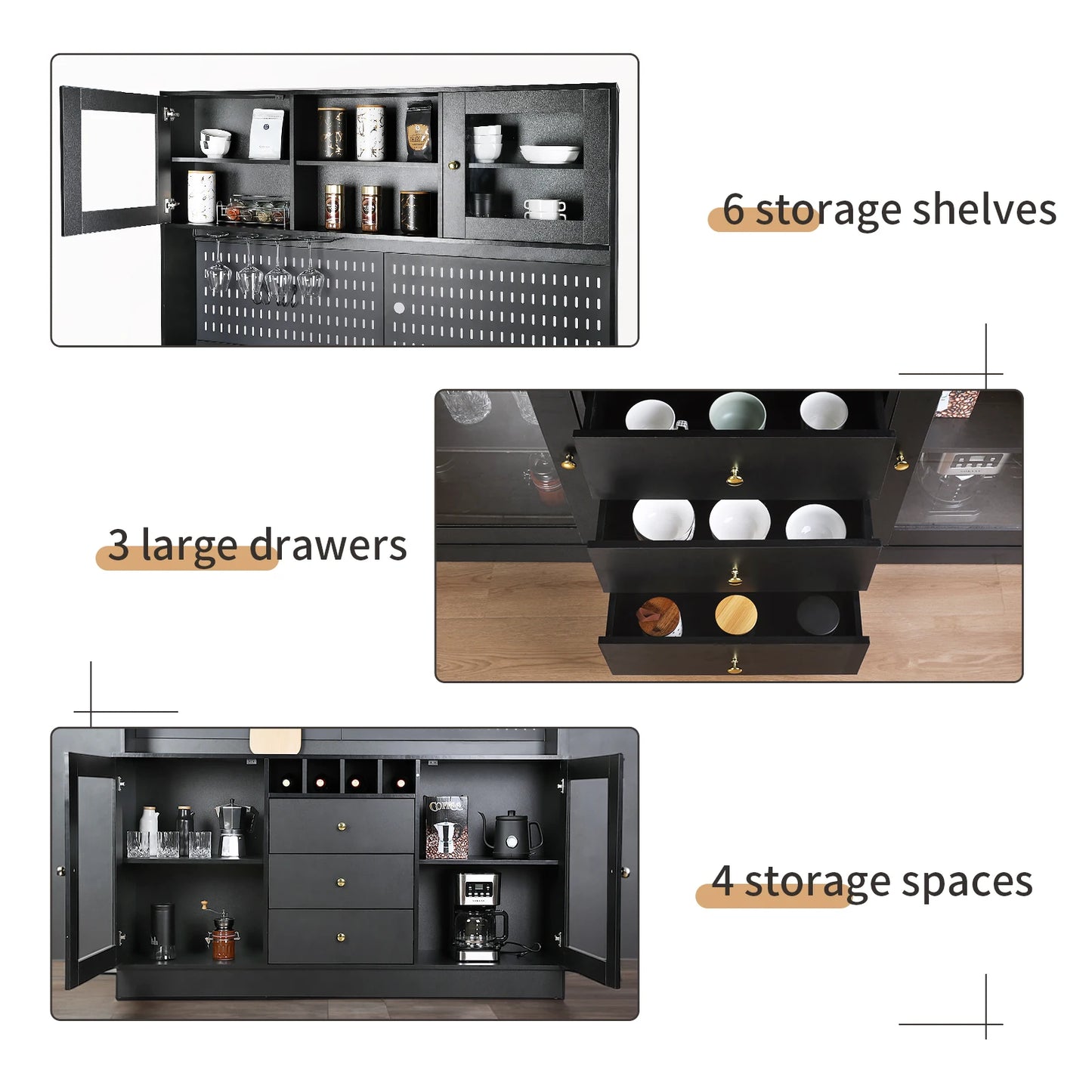 Pantry Cabinet Kitchen Storage Buffet Hutch with Pegboard Cup Holder