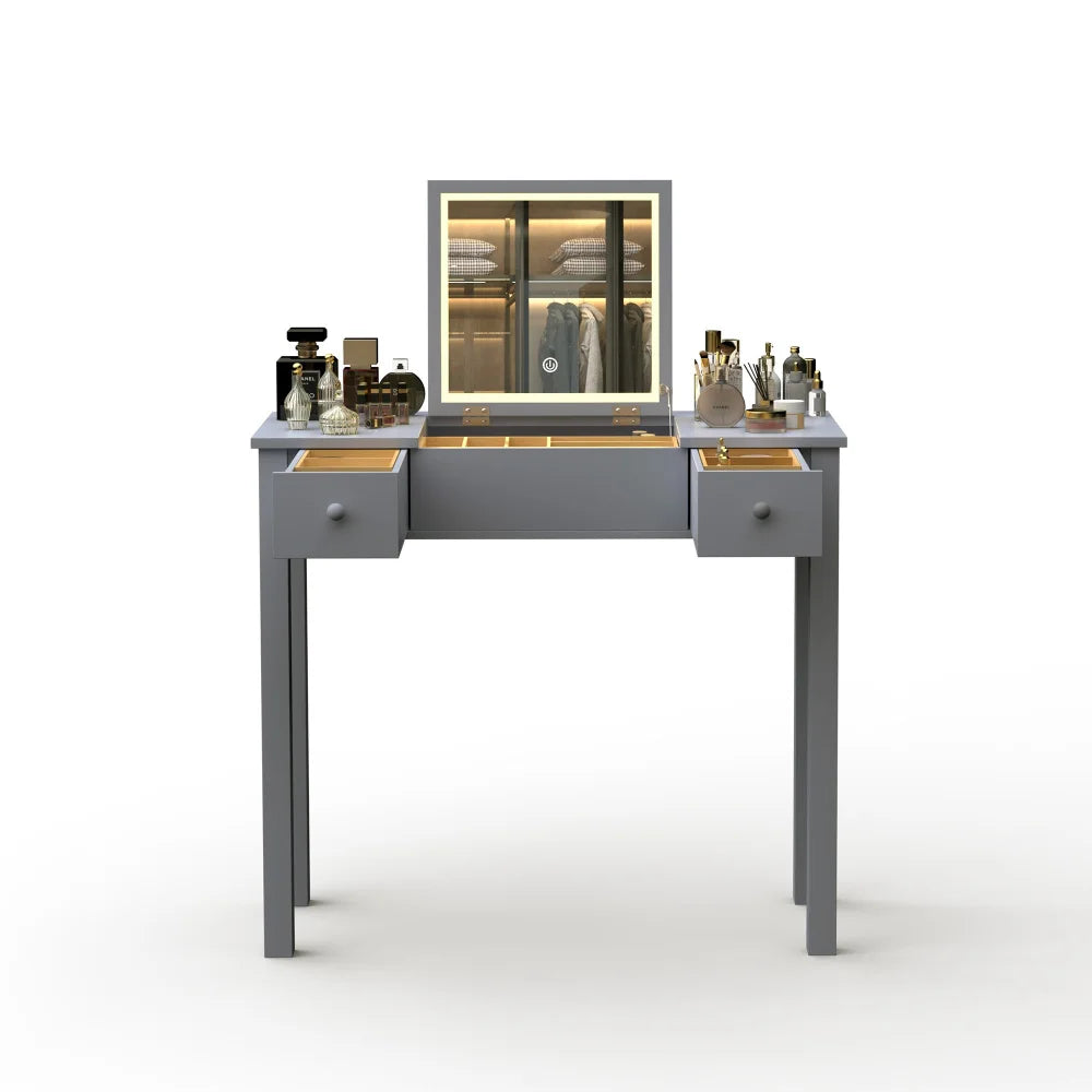 Elegant Black Vanity Table with LED Mirror and Jewelry Storage