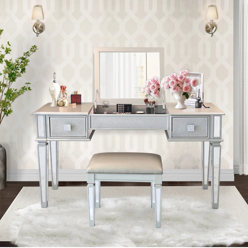 Luxury Mirrored Vanity Desk Set with Stool and Drawer Storage for Bedroom