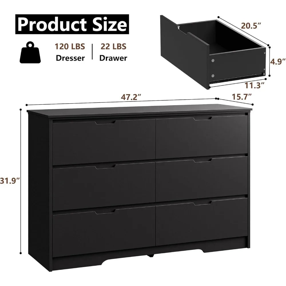 Modern 6 Drawer Black Dresser Minimalist Furniture Storage Solution