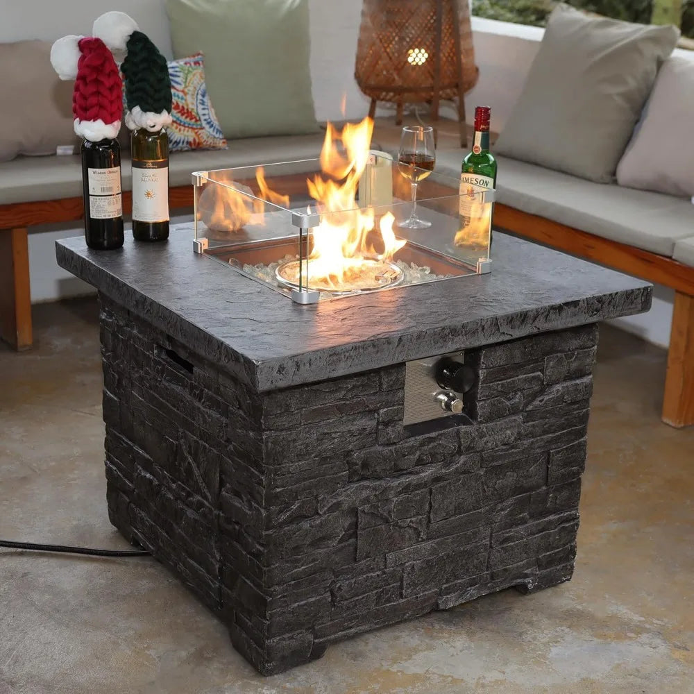 32 Inch Square Outdoor Propane Fire Pit Table with Glass Wind Guard