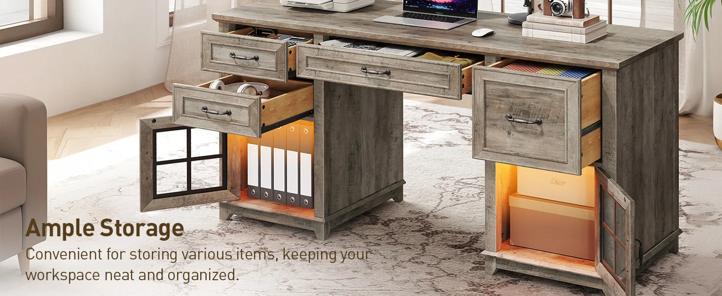 58 Inch Farmhouse Wooden Desk with Power Outlets and LED Light