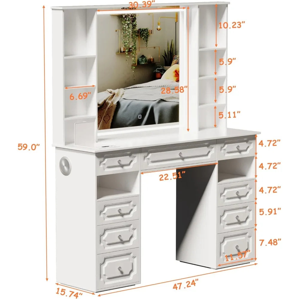Dressing Table Vanity Desk with Mirror Lights Bluetooth Speaker Makeup