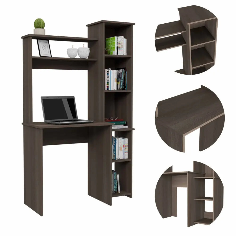 Smokey Oak Writing Desk with Built-in Bookcase and 6 Shelves
