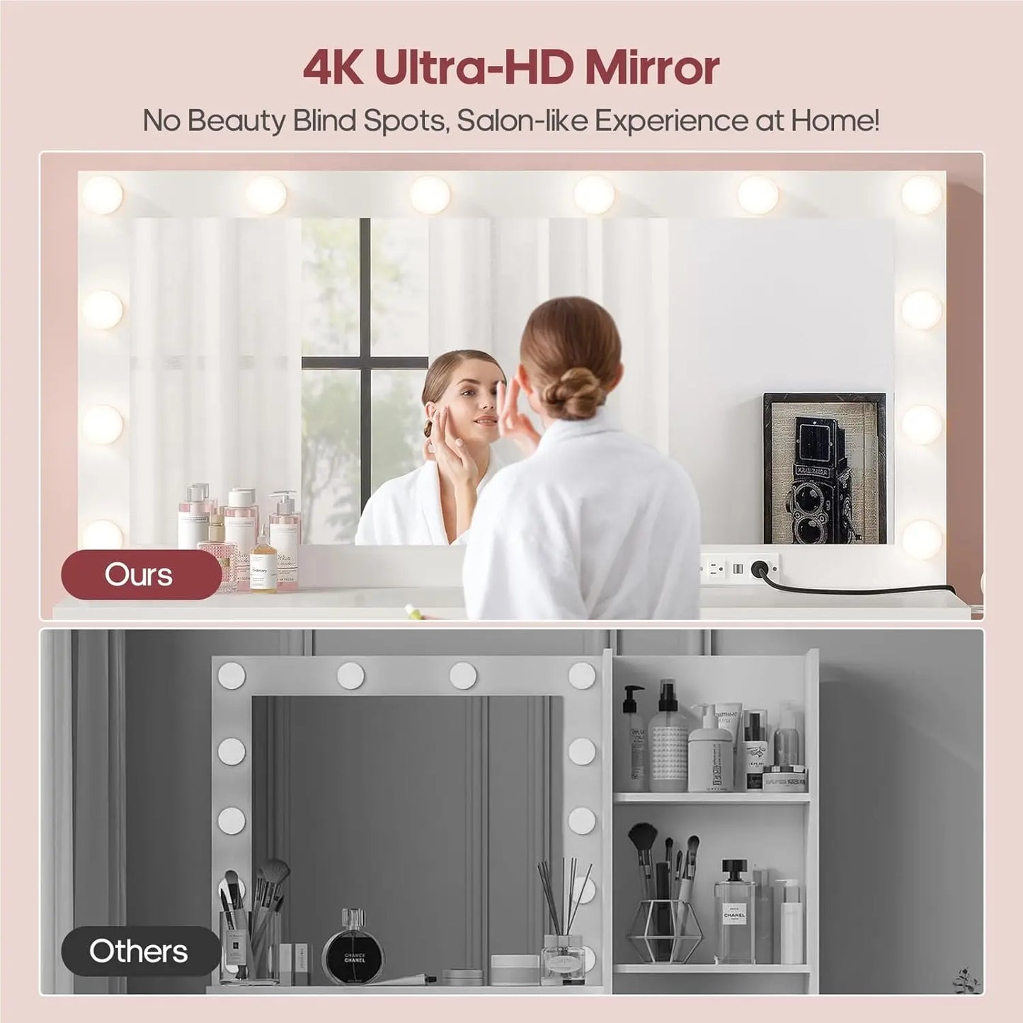 Makeup Vanity with Extra Large Mirror Lights Power Strip Storage