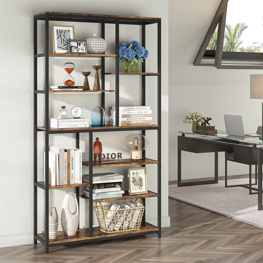 Ljustra Modern 8-Tier Staggered Bookcase Wide Wood Etagere Shelving Unit