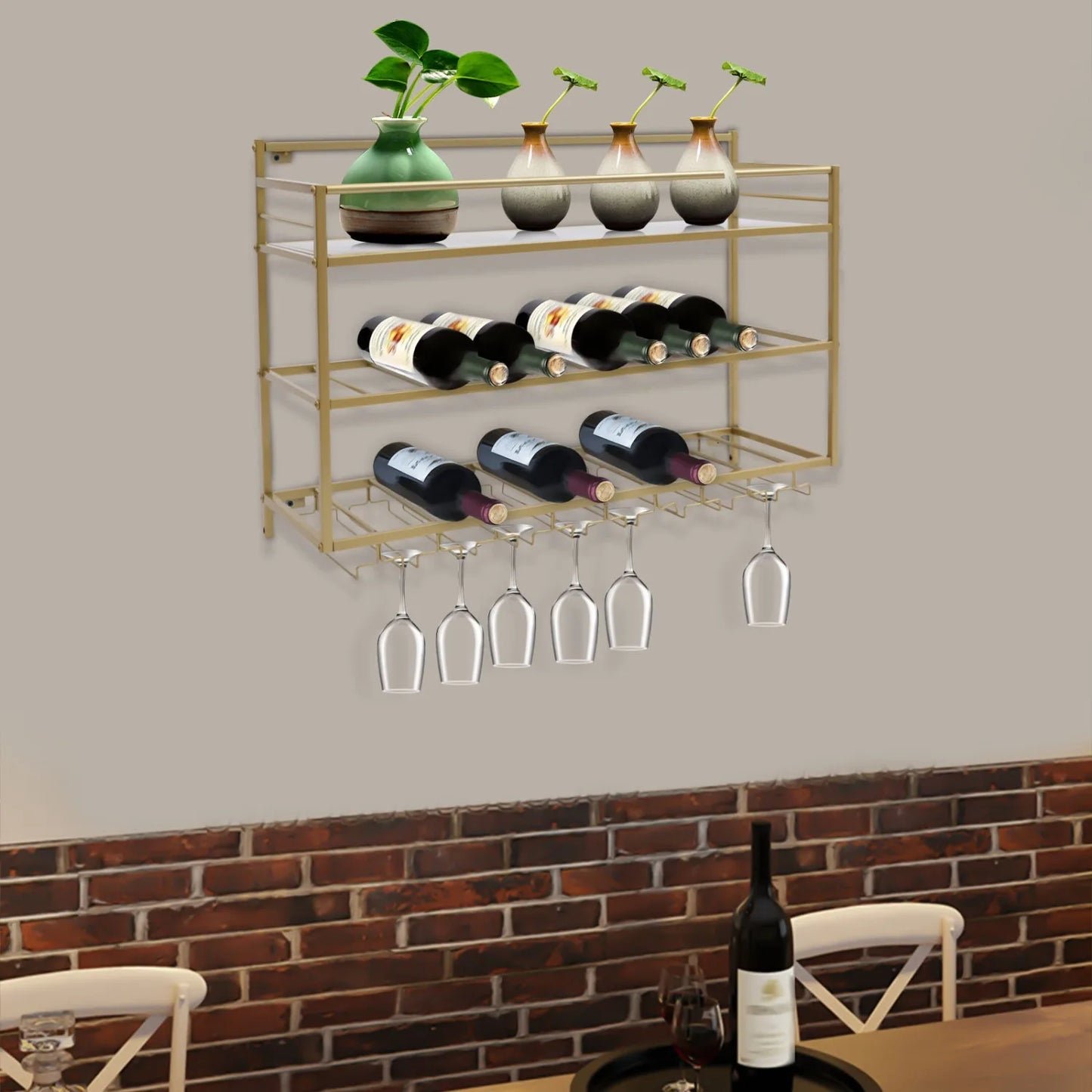 Wall Mounted Metal Wine Rack 3 Layer Bottle Storage Shelf Goblet Holder