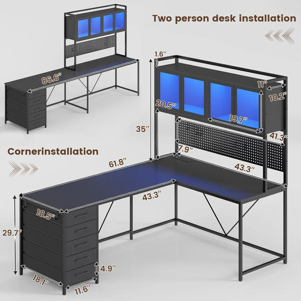 L Shaped Computer Desk with Hutch Storage Shelves LED Lights Power Outlet