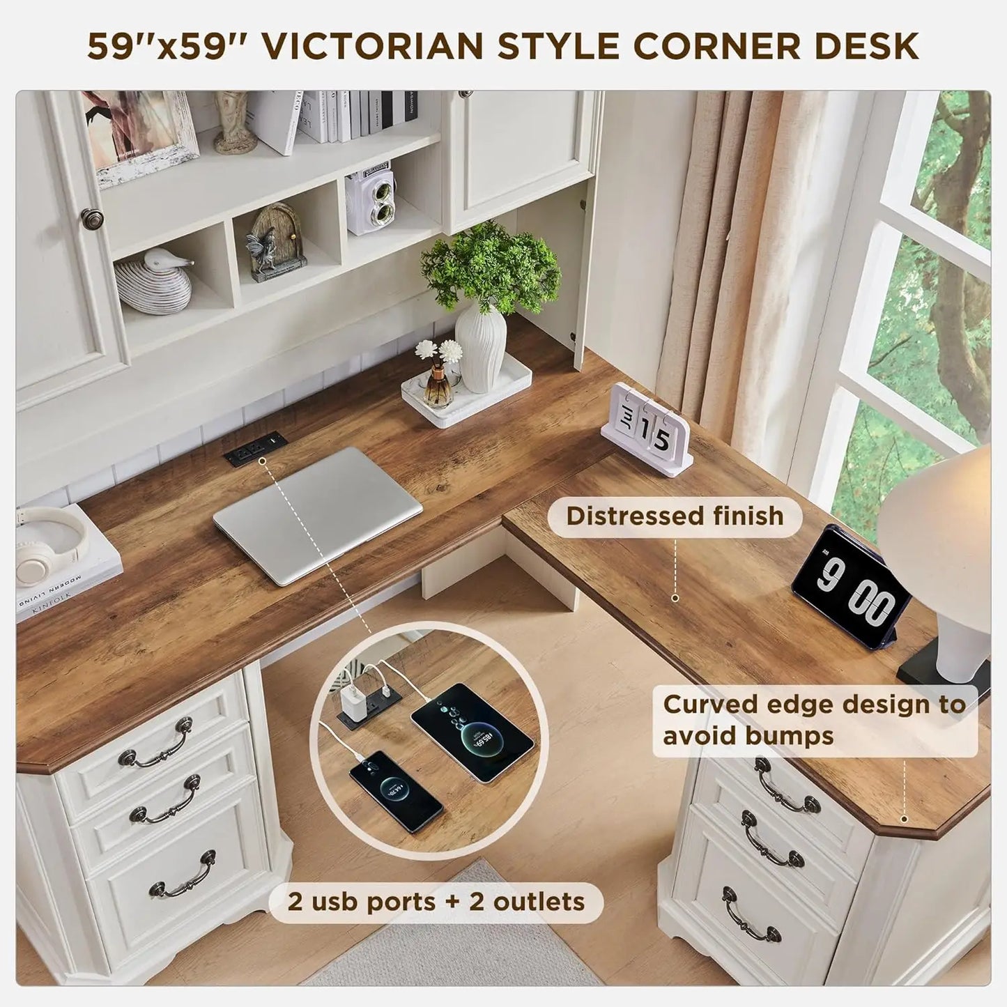 59 Inch L Shaped Executive Desk with Hutch Storage Charging Station