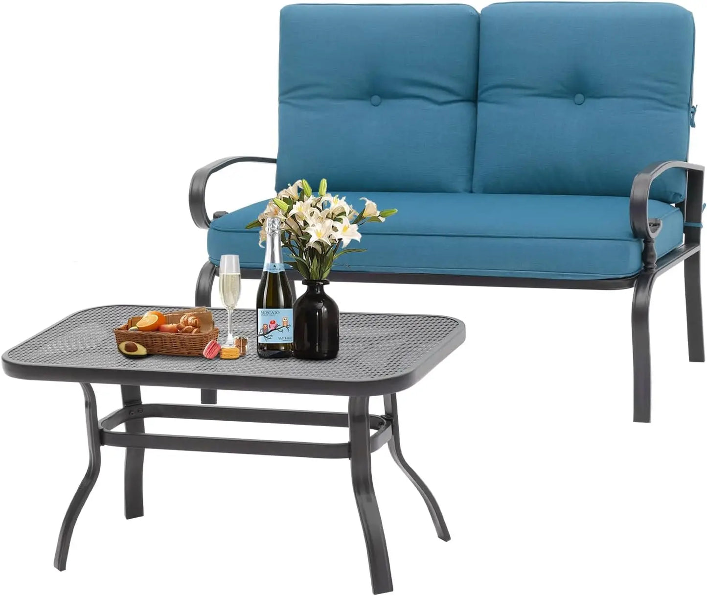 Outdoor Patio Loveseat Set with Thick Cushions and Coffee Table