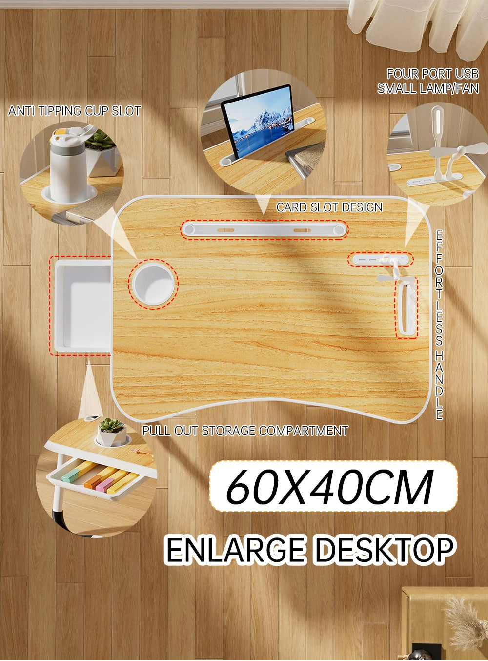 Portable Laptop Desk with USB Light Fan Cup Holder and Tablet Slot