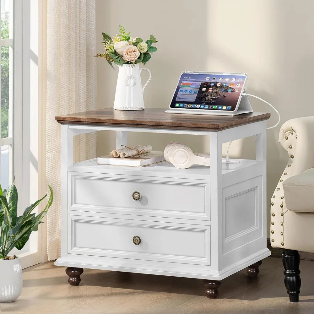 Farmhouse Nightstand with Charging Station 2 Drawers White End Table