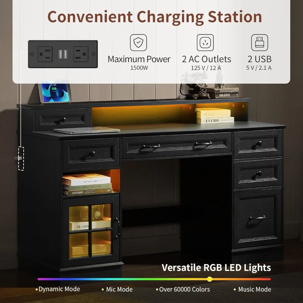 Farmhouse Executive Desk with Drawers LED Lights Power Outlet Storage